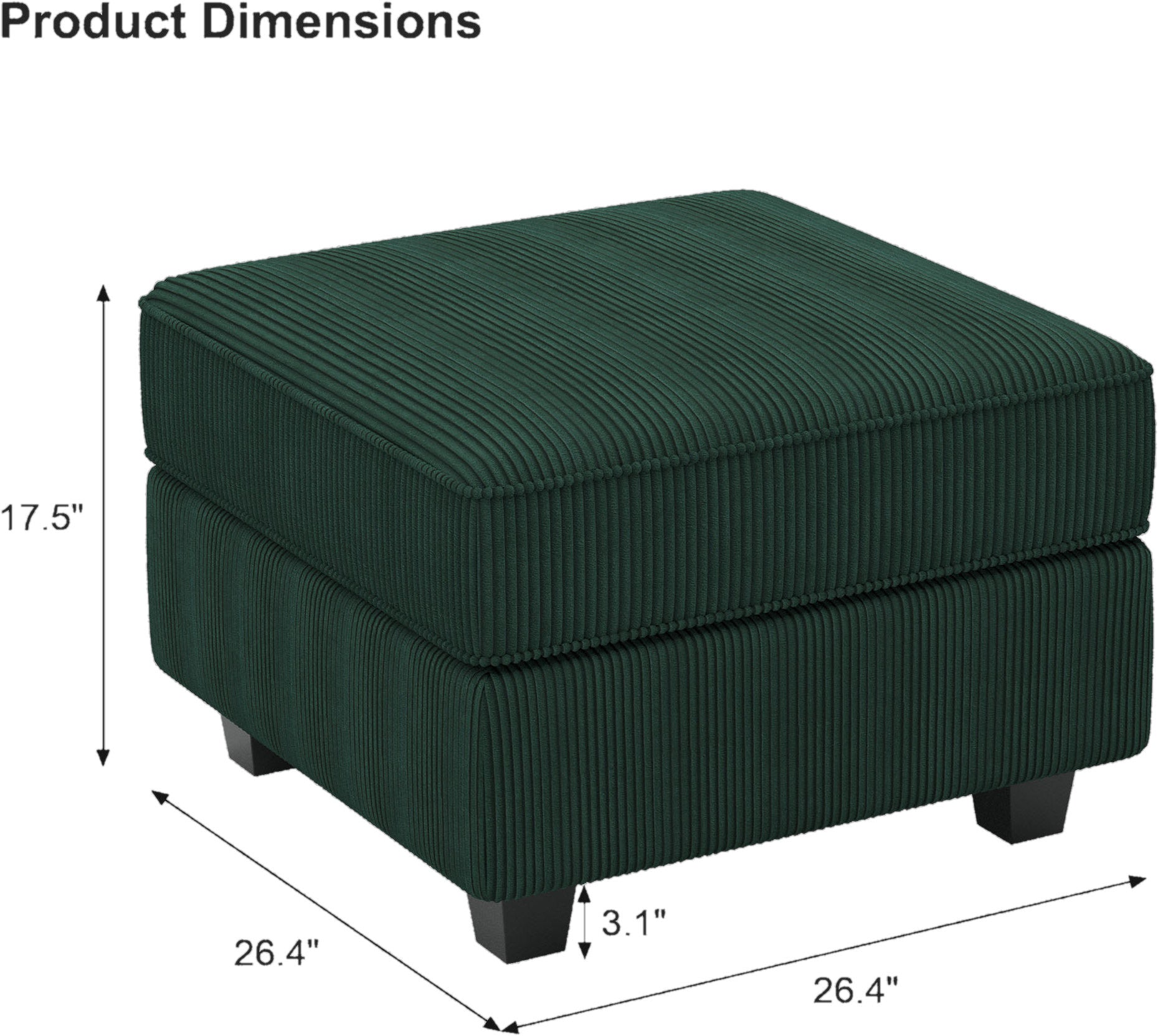 26" Green and Black Corduroy Storage Ottoman