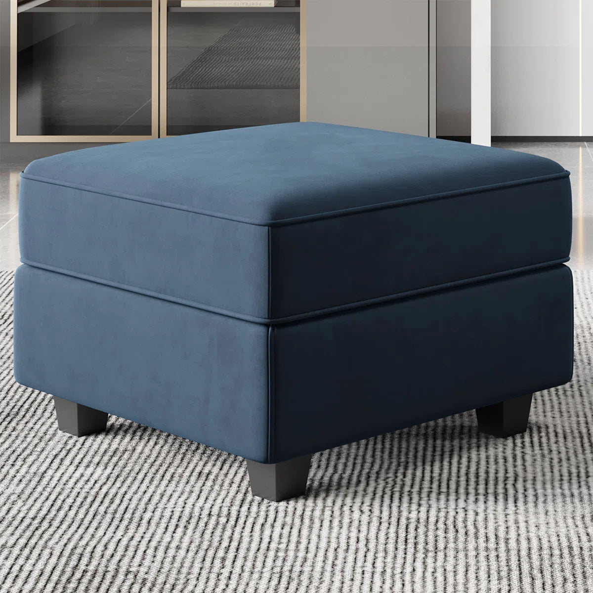 26" Blue and Black Microsuede Storage Ottoman