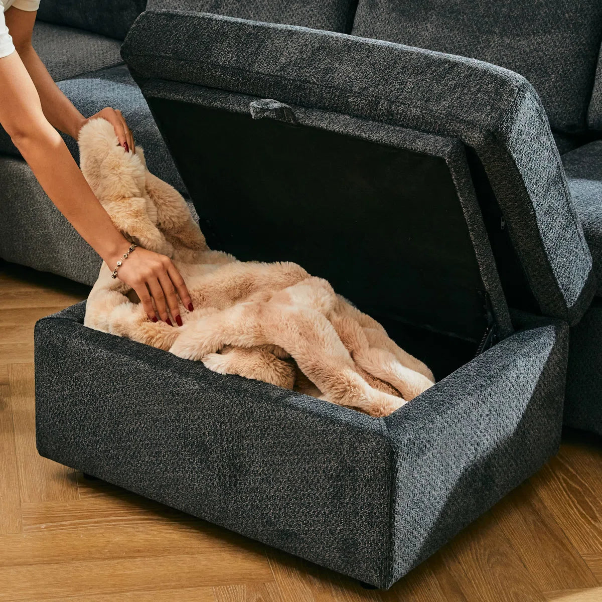 30" Gray and Black Chenille Storage Ottoman