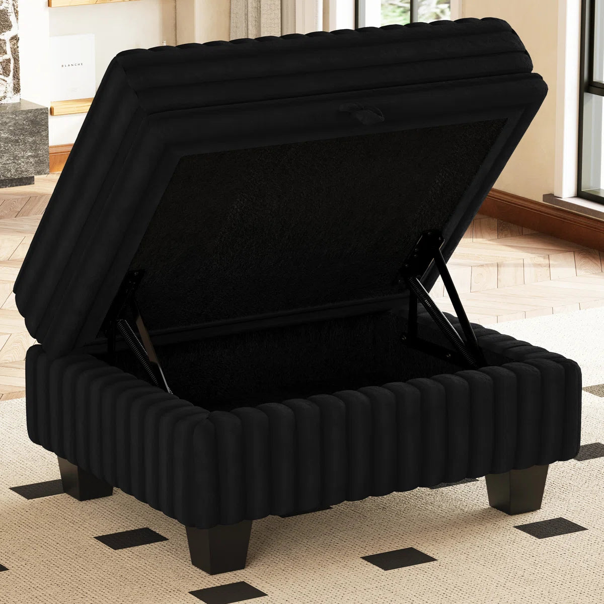 30" Black Faux Fur Storage Ottoman