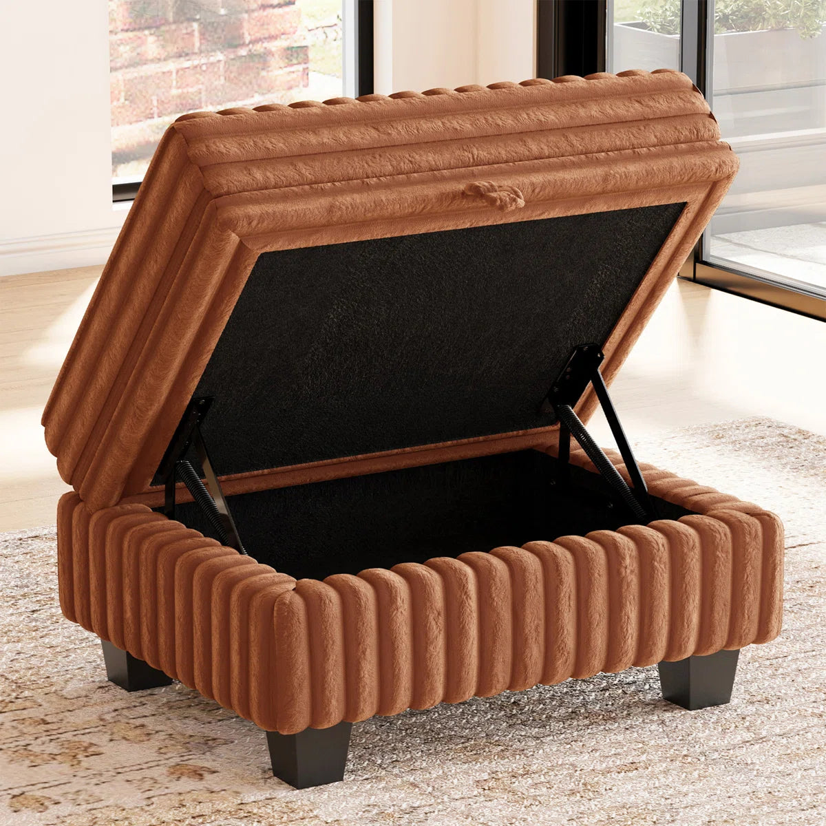 30" Brown and Black Faux Fur Storage Ottoman