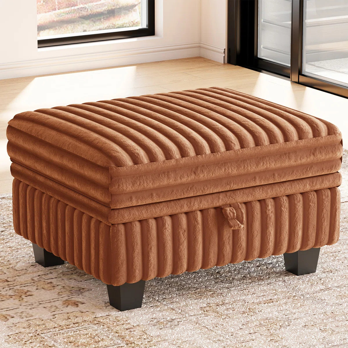 30" Brown and Black Faux Fur Storage Ottoman