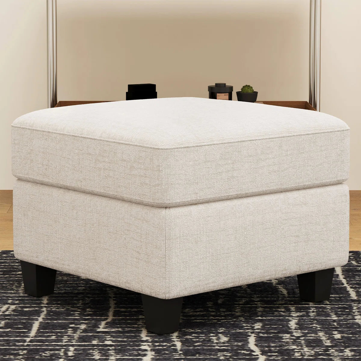 26" Beige and Black Chenille Storage Ottoman