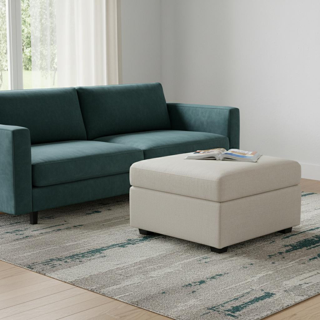 30" Beige and Black Chenille Storage Ottoman