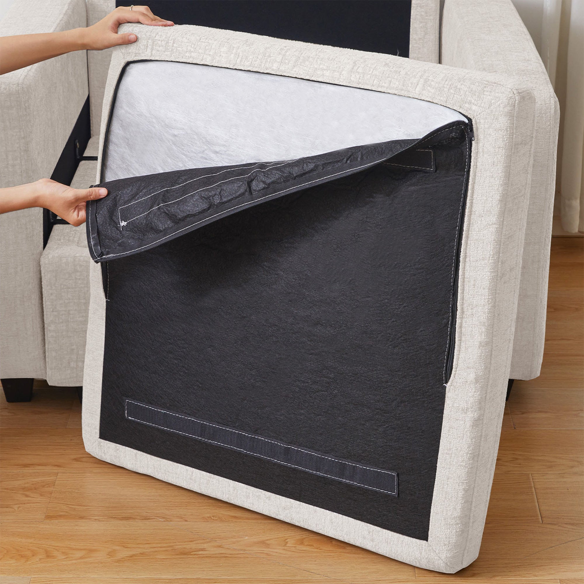 30" Beige and Black Chenille Storage Ottoman