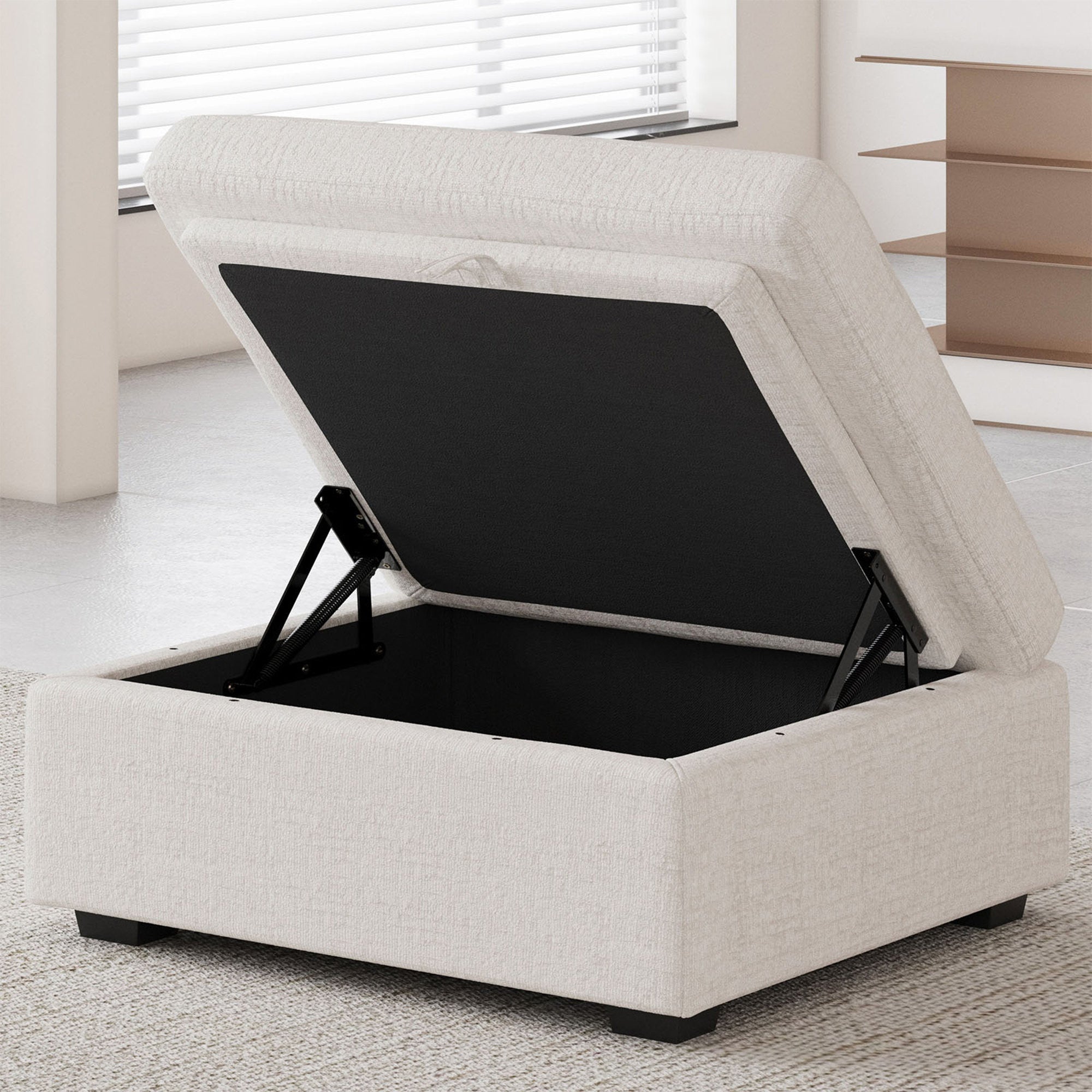 30" Beige and Black Chenille Storage Ottoman