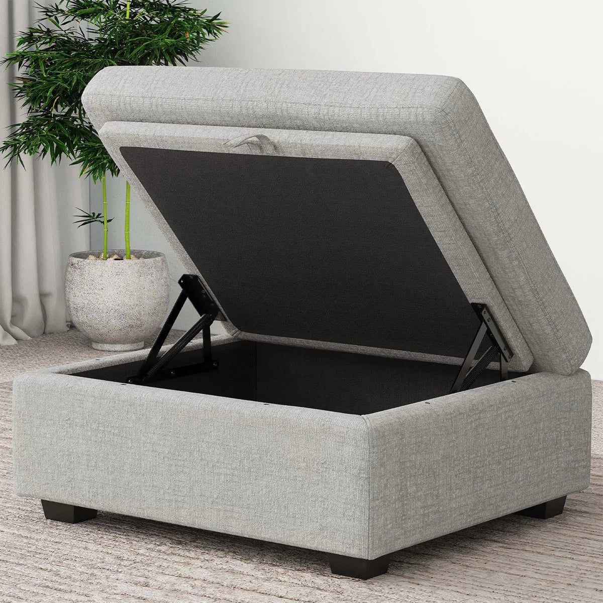 30" Light Gray and Black Chenille Storage Ottoman