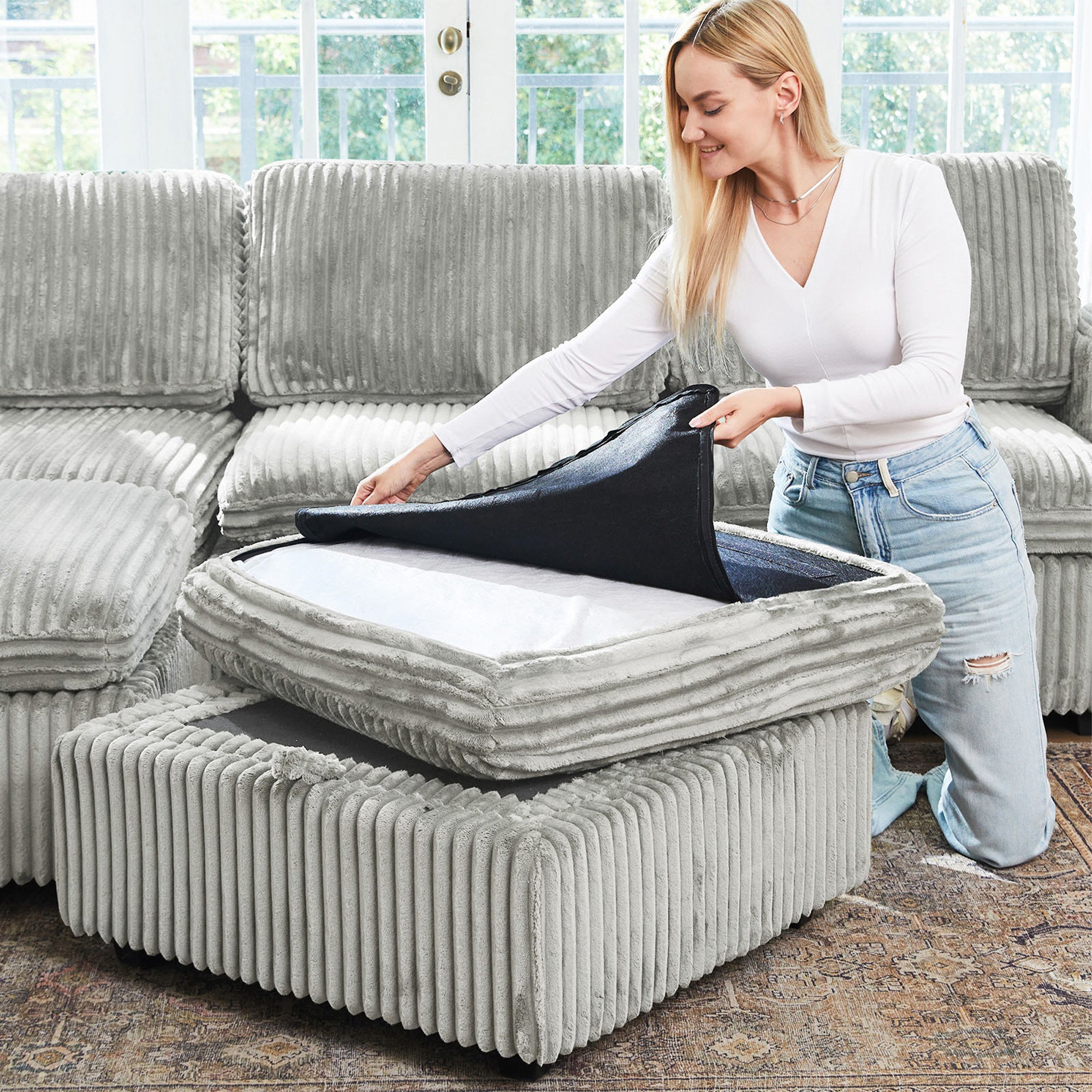 30" Gray and Black Corduroy Storage Ottoman