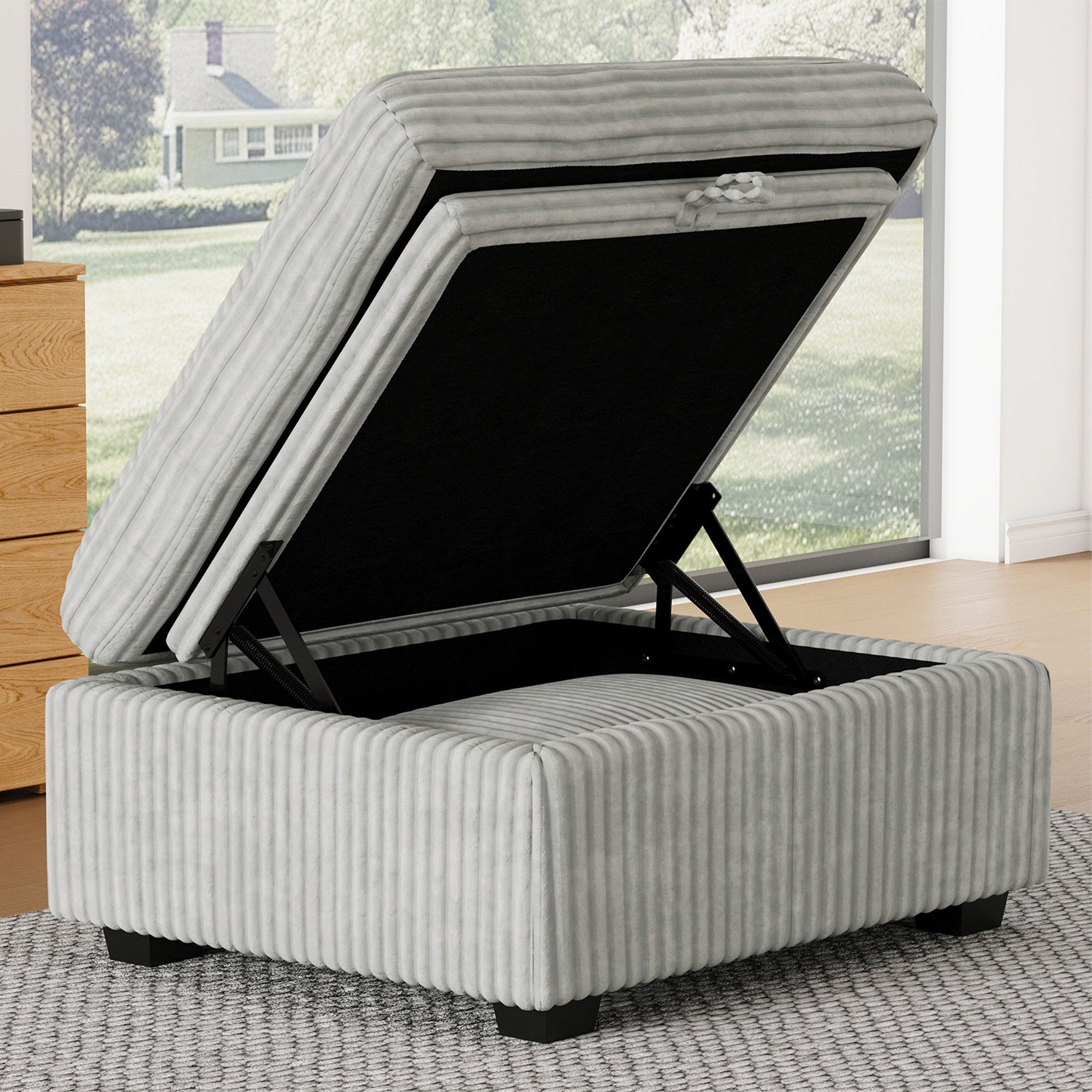 30" Gray and Black Corduroy Storage Ottoman