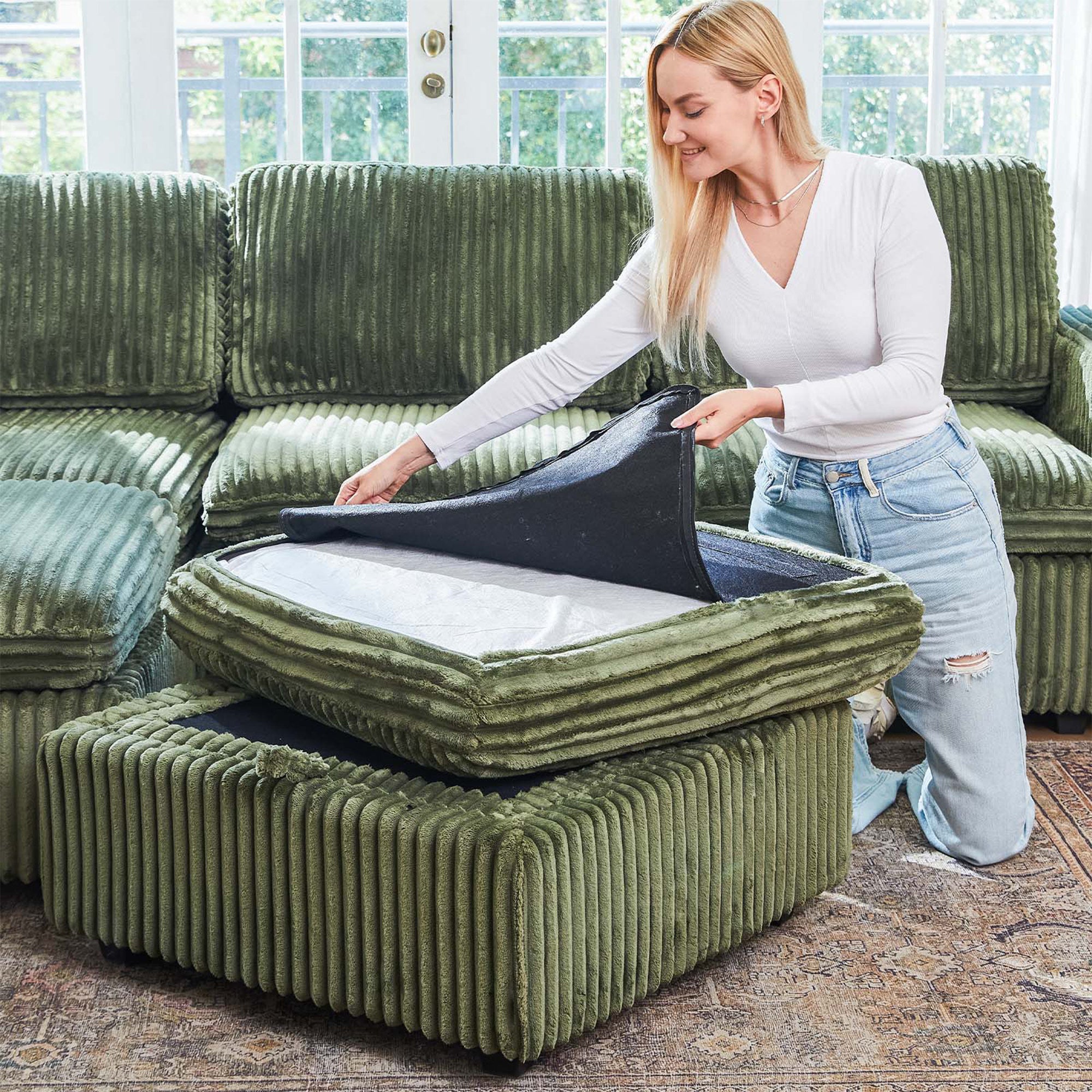 30" Green and Black Corduroy Storage Ottoman