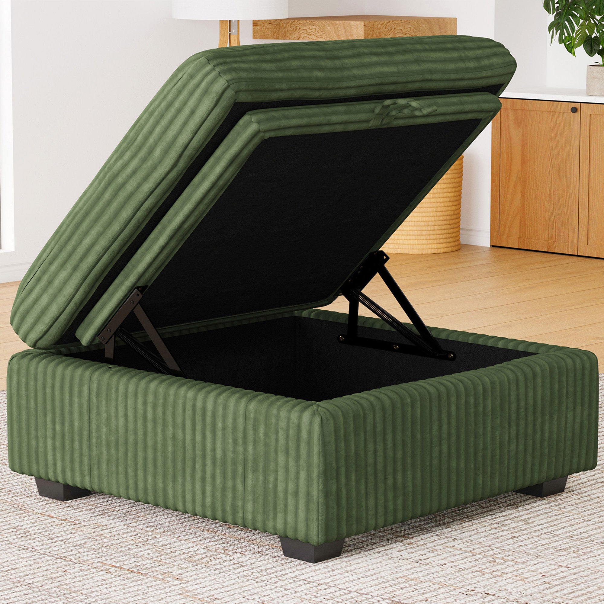 30" Green and Black Corduroy Storage Ottoman