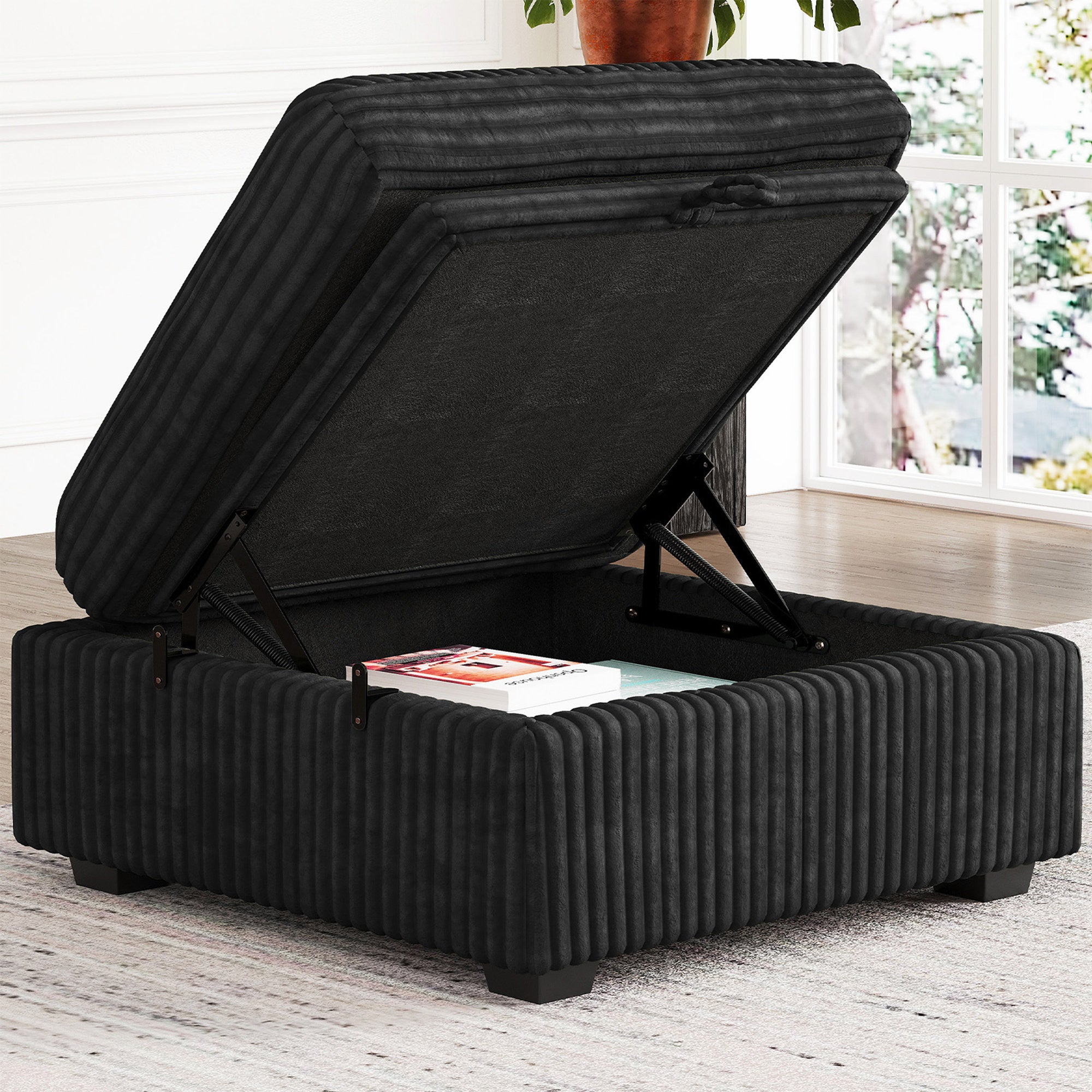 30" Black Corduroy Storage Ottoman