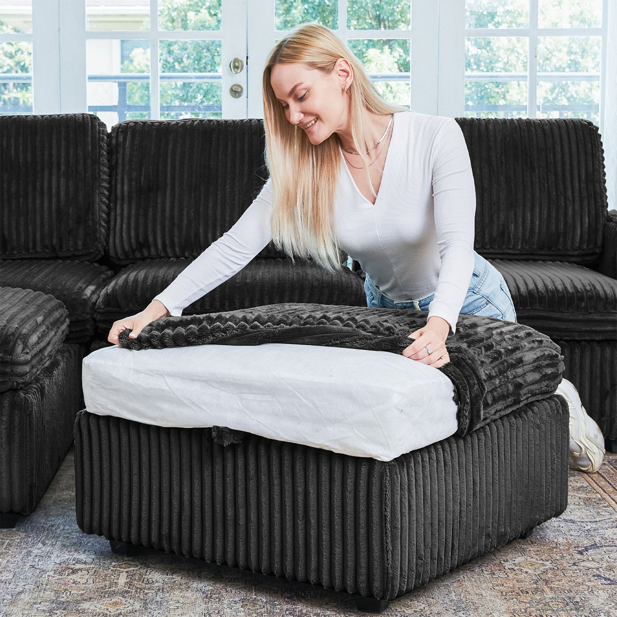 30" Black Corduroy Storage Ottoman