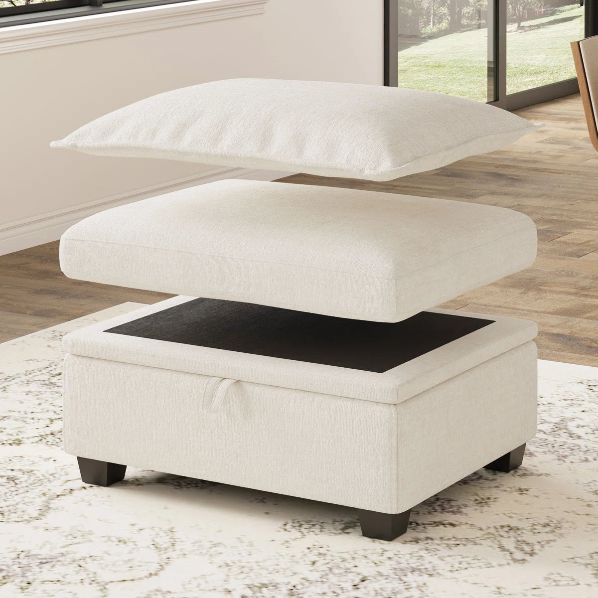 30" Beige and Black Chenille Storage Ottoman