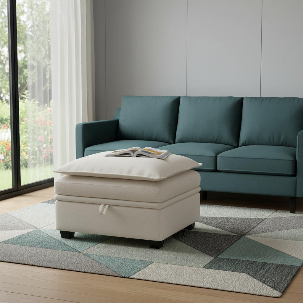 30" Beige and Black Chenille Storage Ottoman