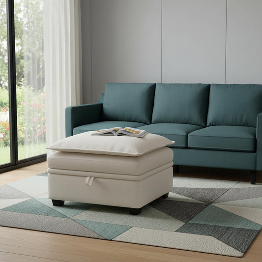 30" Beige and Black Chenille Storage Ottoman