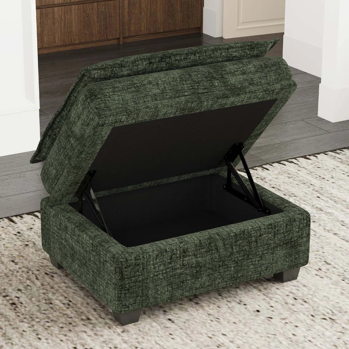 30" Green and Black Chenille Storage Ottoman