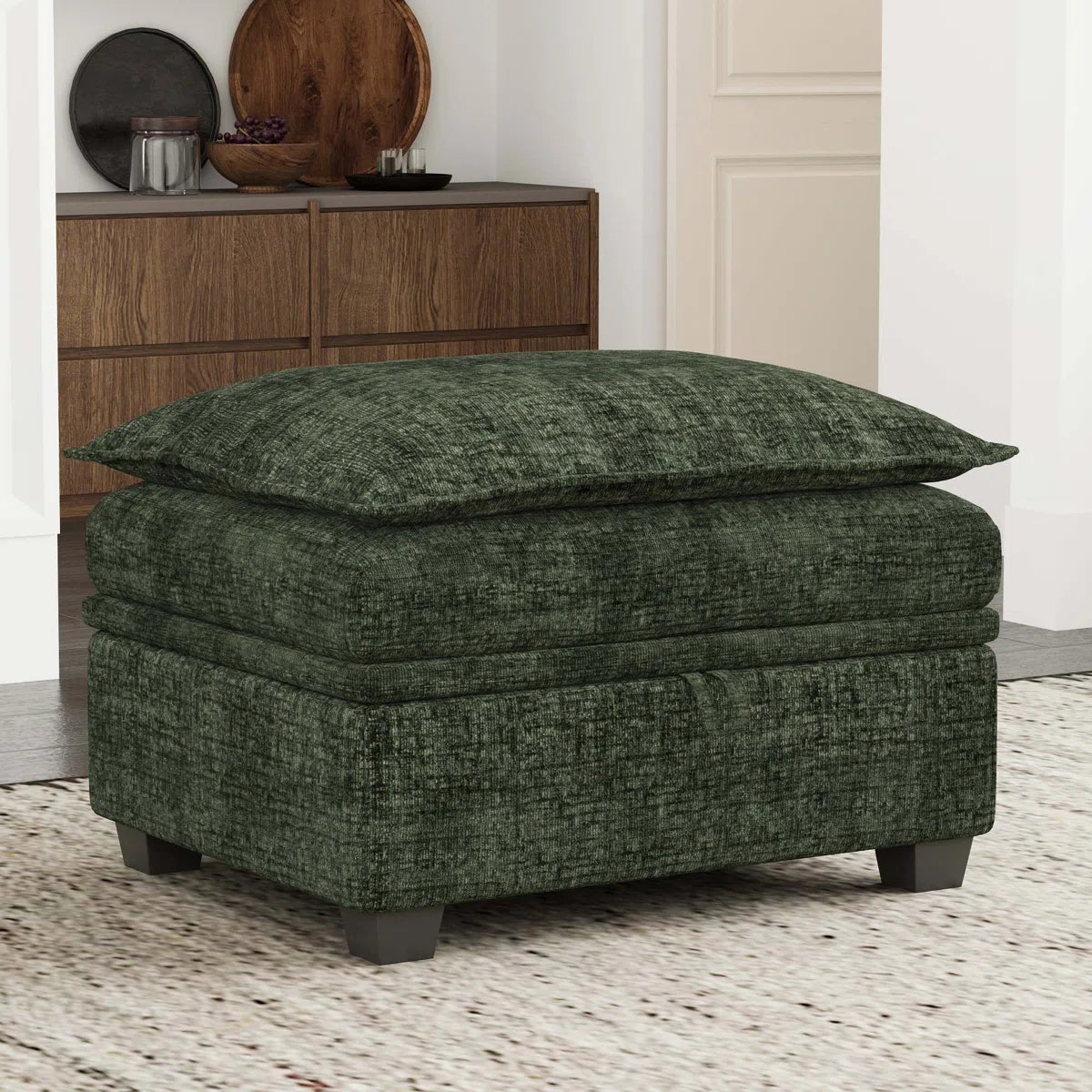 30" Green and Black Chenille Storage Ottoman