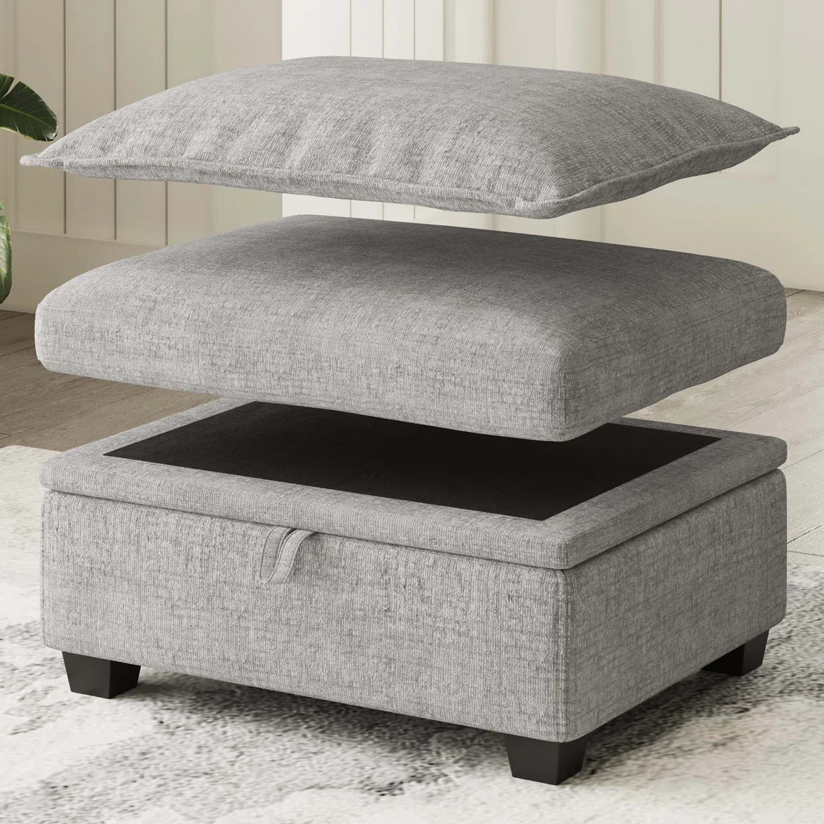 30" Light Gray and Black Chenille Storage Ottoman
