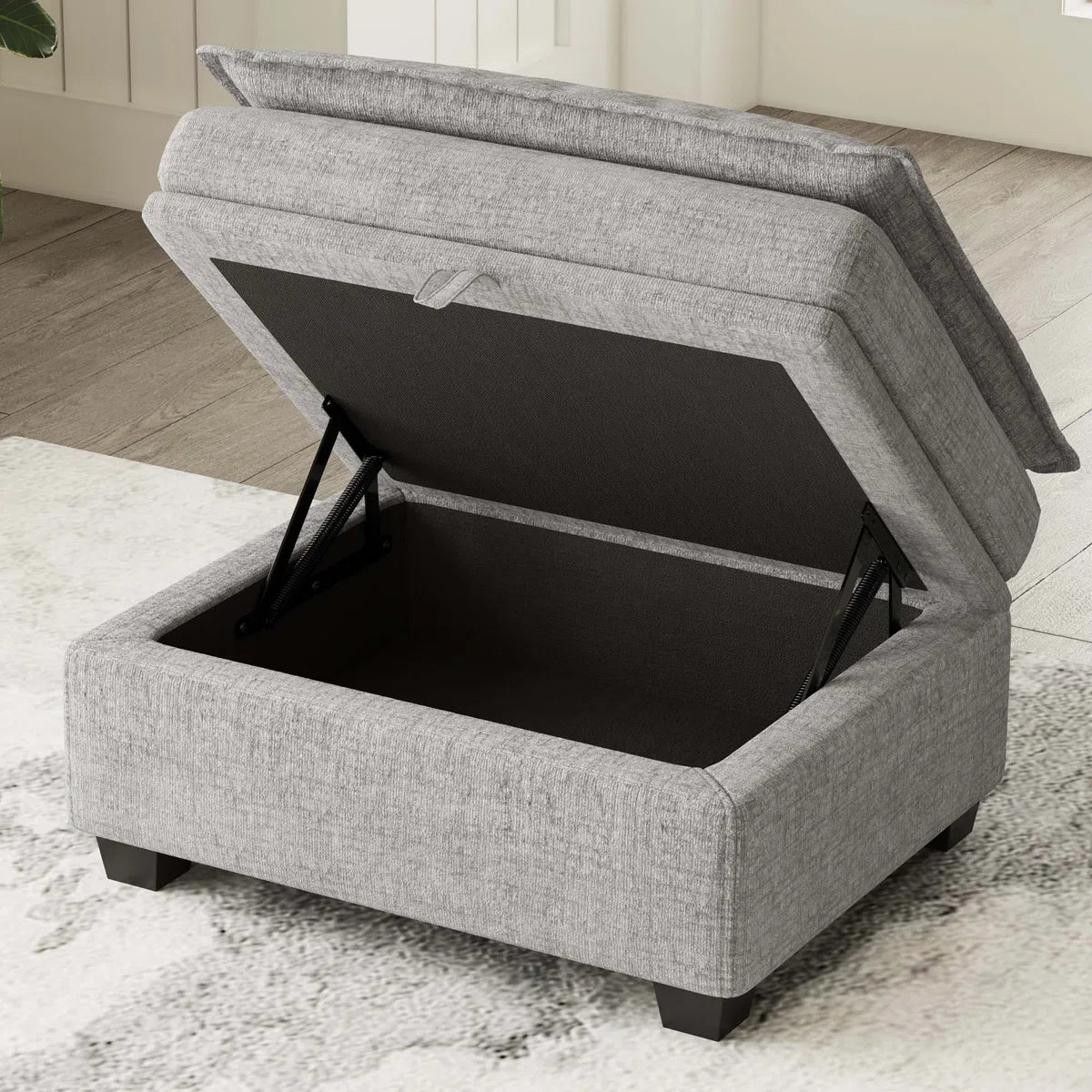 30" Light Gray and Black Chenille Storage Ottoman