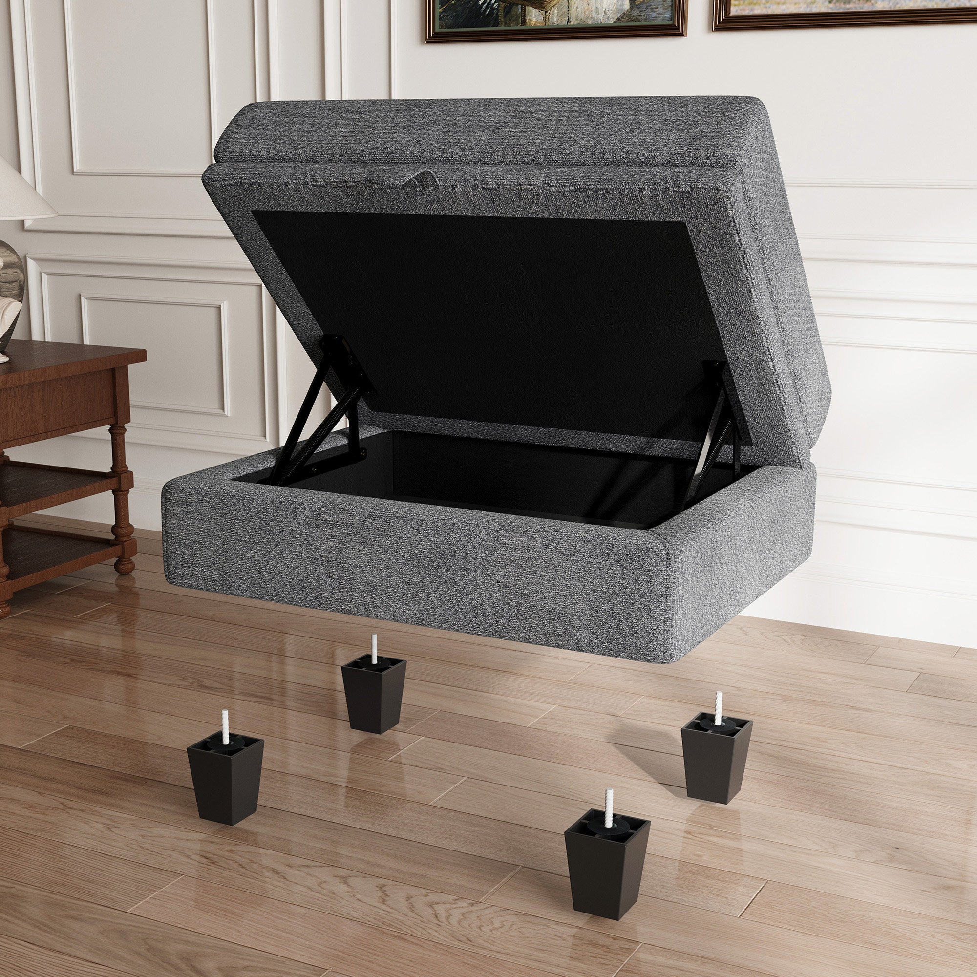 29" Light Gray and Black Chenille Storage Ottoman