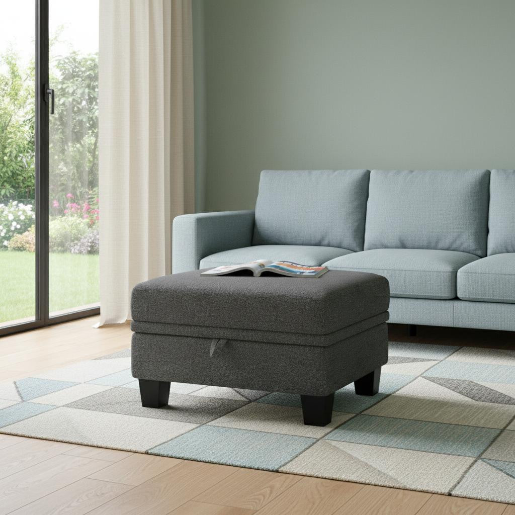 29" Light Gray and Black Chenille Storage Ottoman