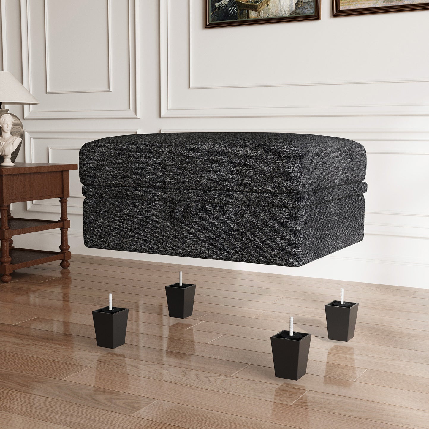 29" Gray and Black Chenille Storage Ottoman