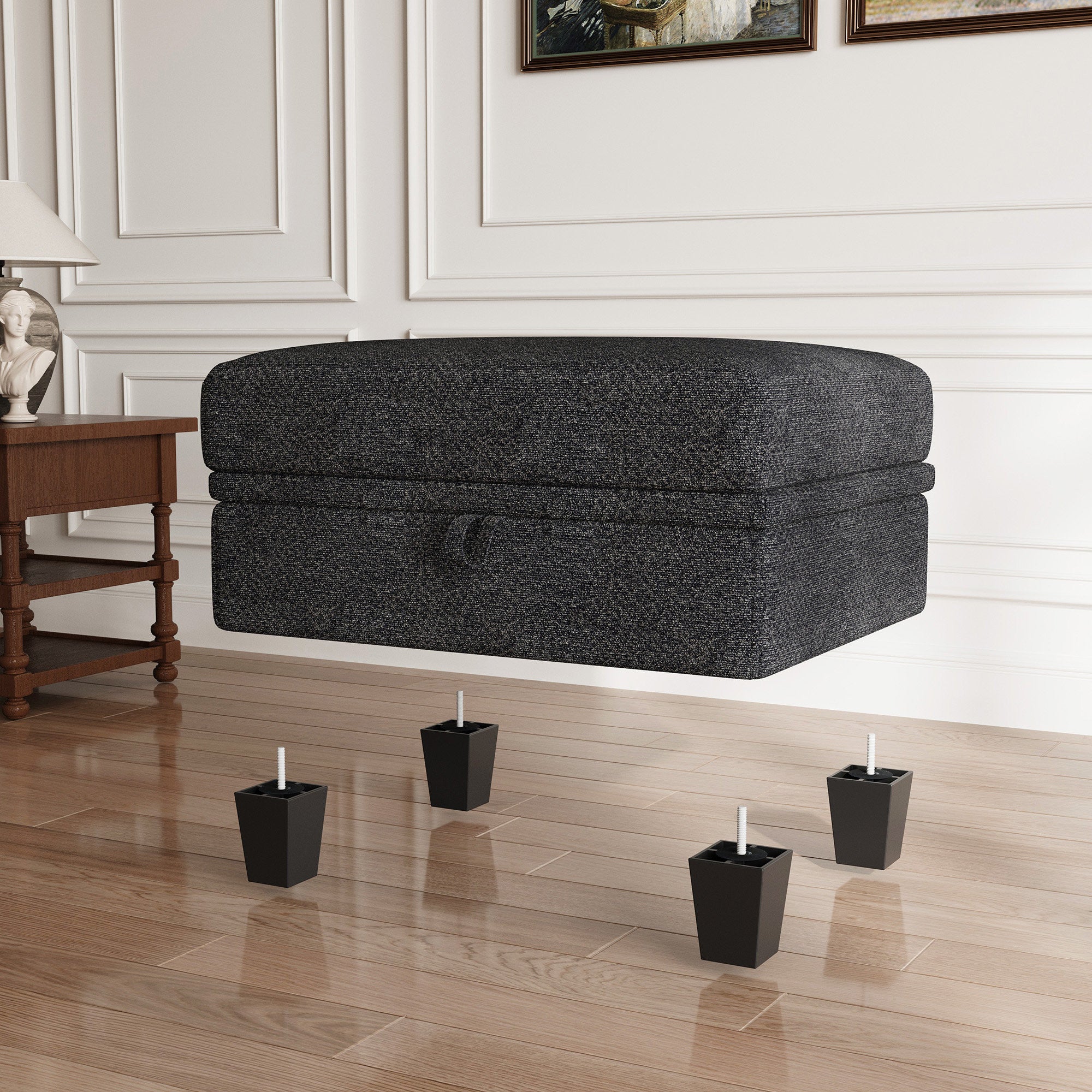 29" Gray and Black Chenille Storage Ottoman