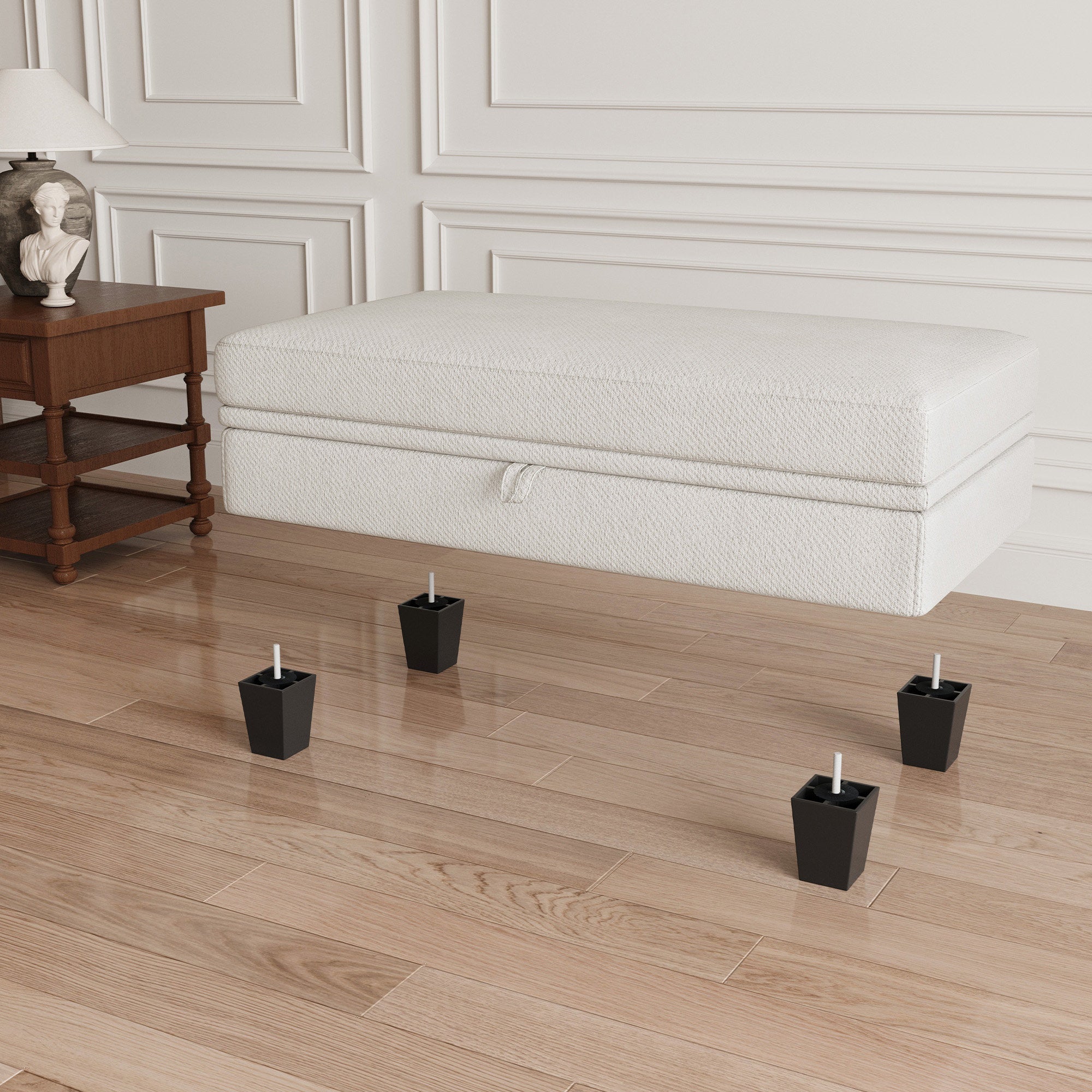 46" Beige and Black Chenille Storage Ottoman