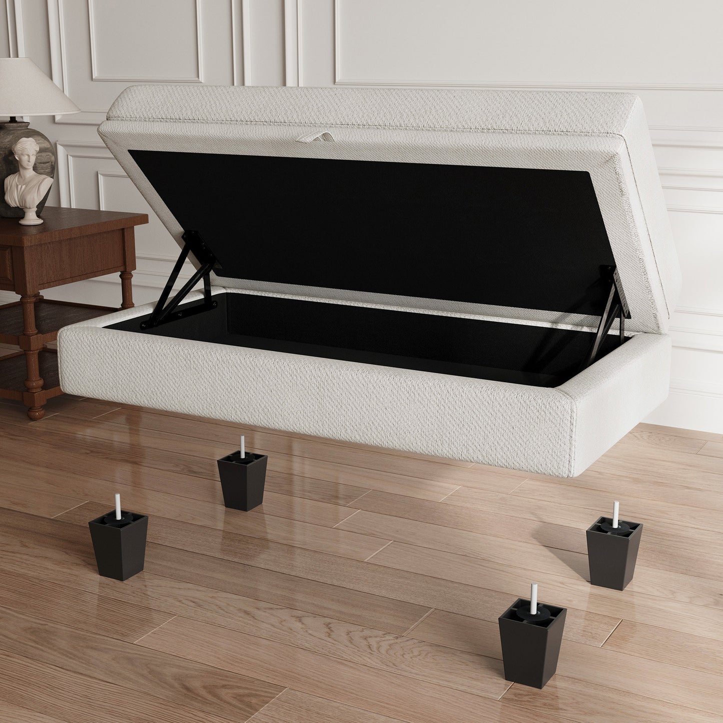 46" Beige and Black Chenille Storage Ottoman