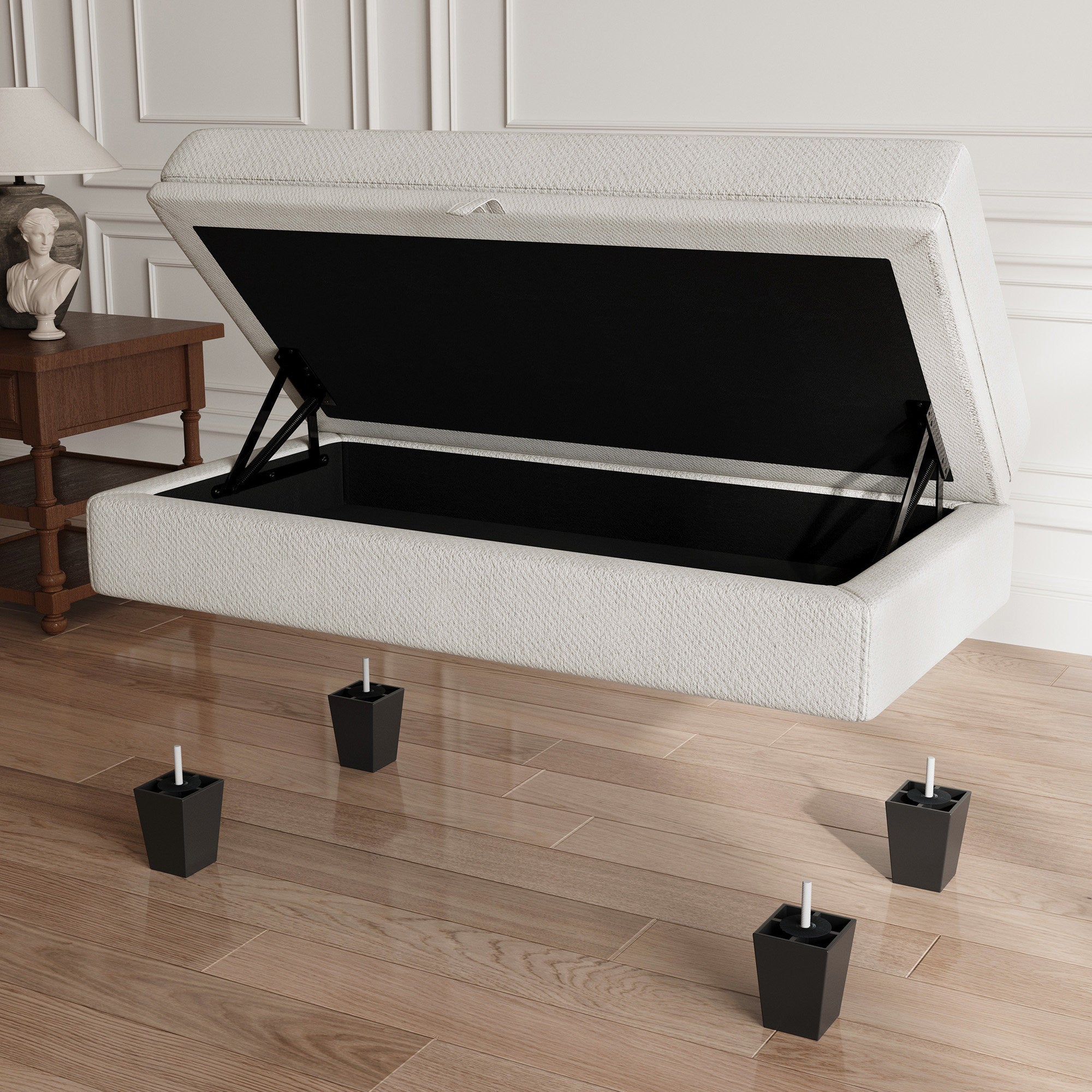 46" Beige and Black Chenille Storage Ottoman