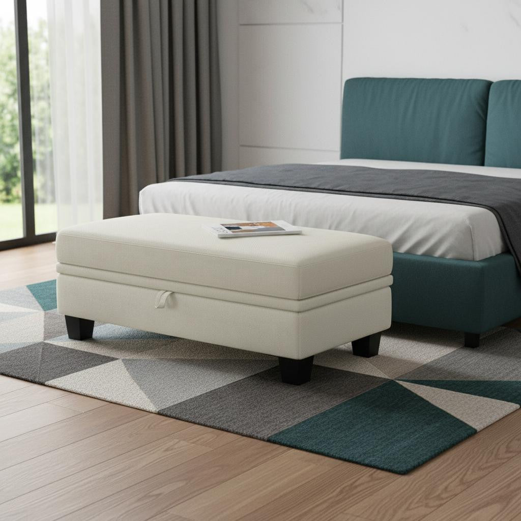 46" Beige and Black Chenille Storage Ottoman