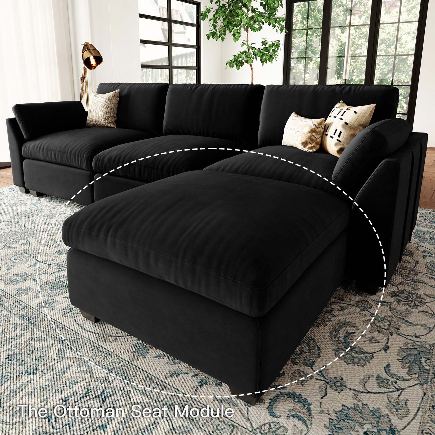 32" Black Velvet Footstool