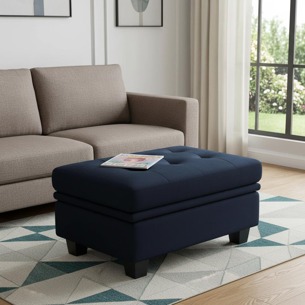 32" Blue and Black Velvet Tufted Storage Ottoman