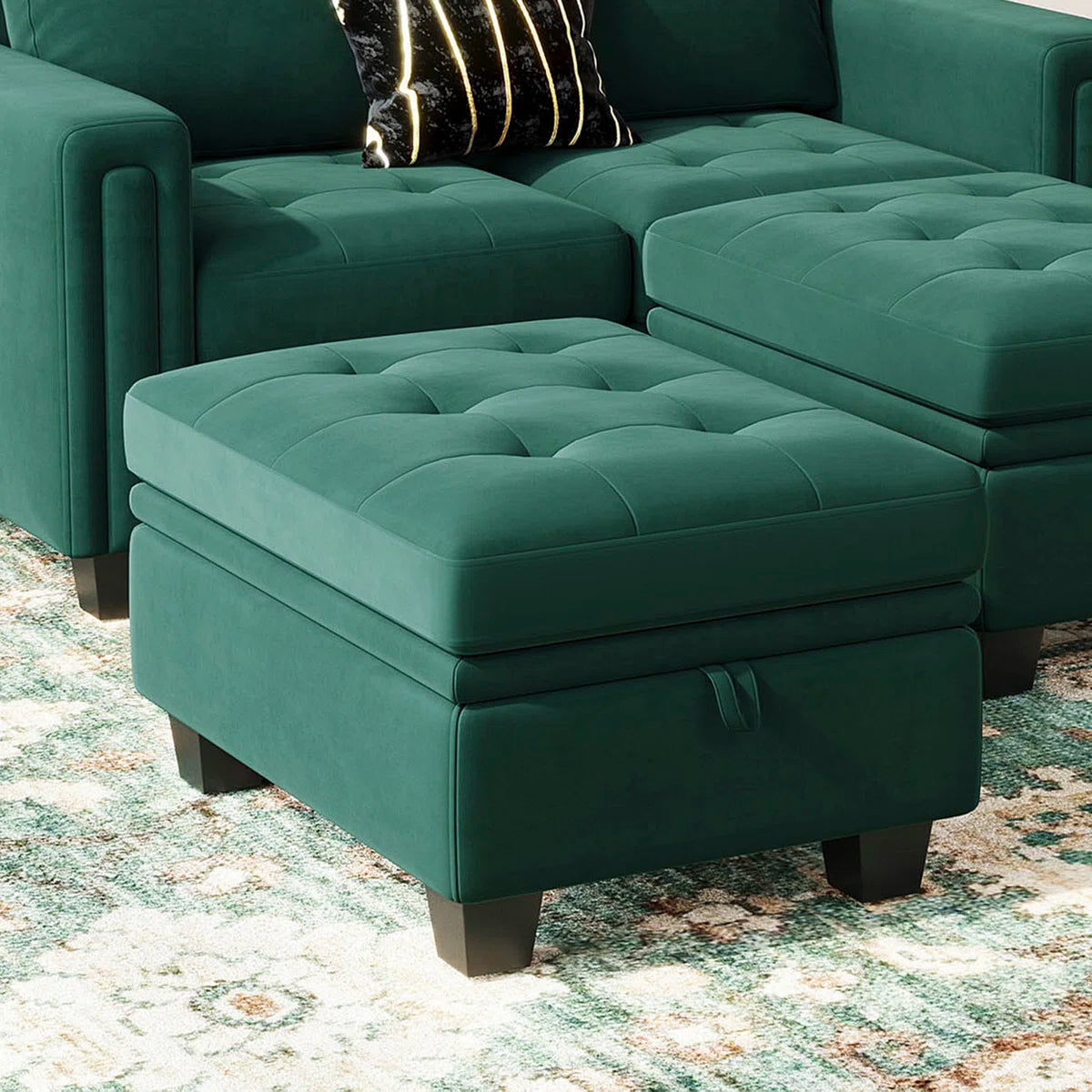 32" Green and Black Velvet Tufted Storage Ottoman