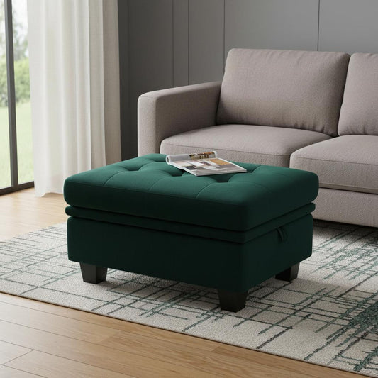32" Green and Black Velvet Tufted Storage Ottoman