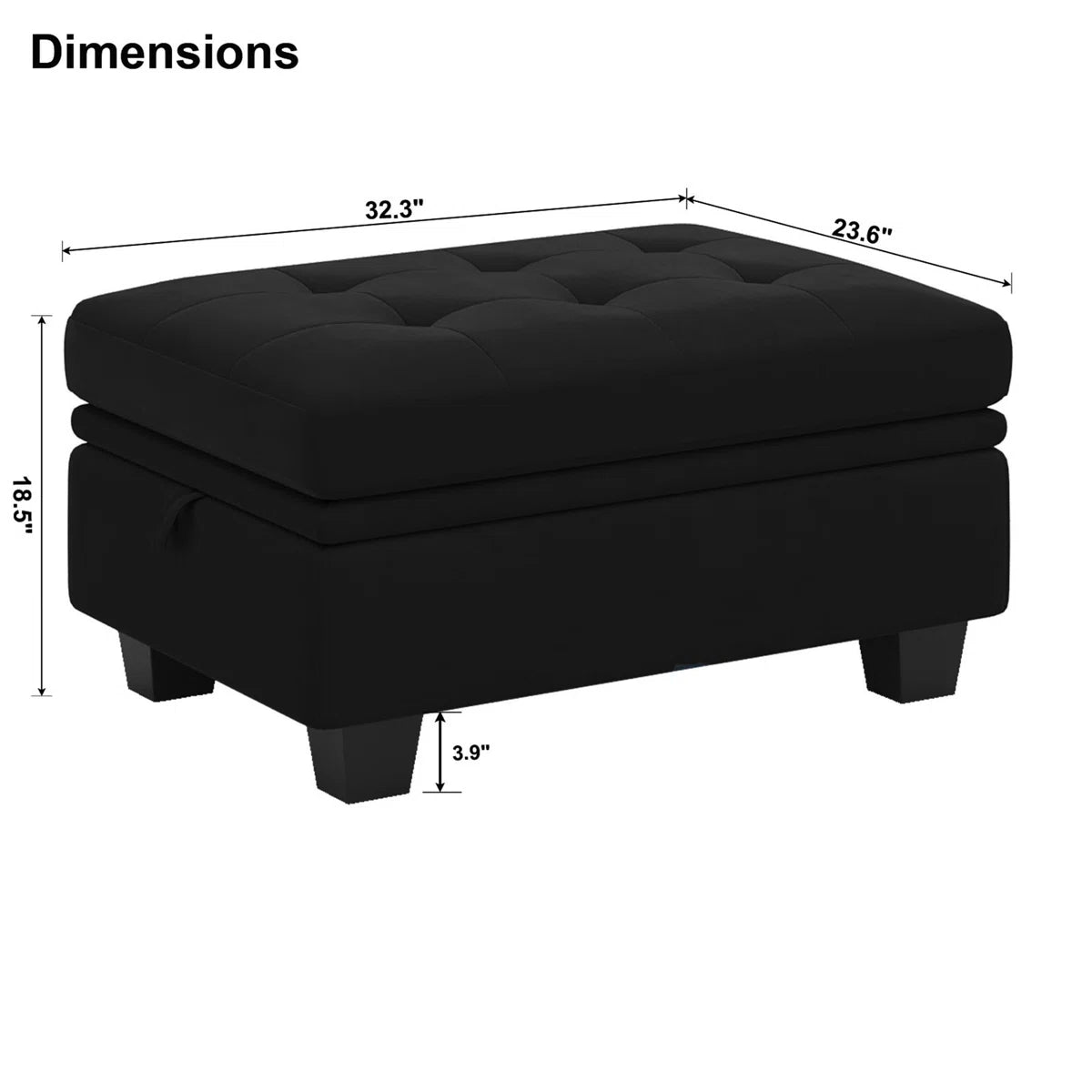 32" Black Velvet Tufted Storage Ottoman