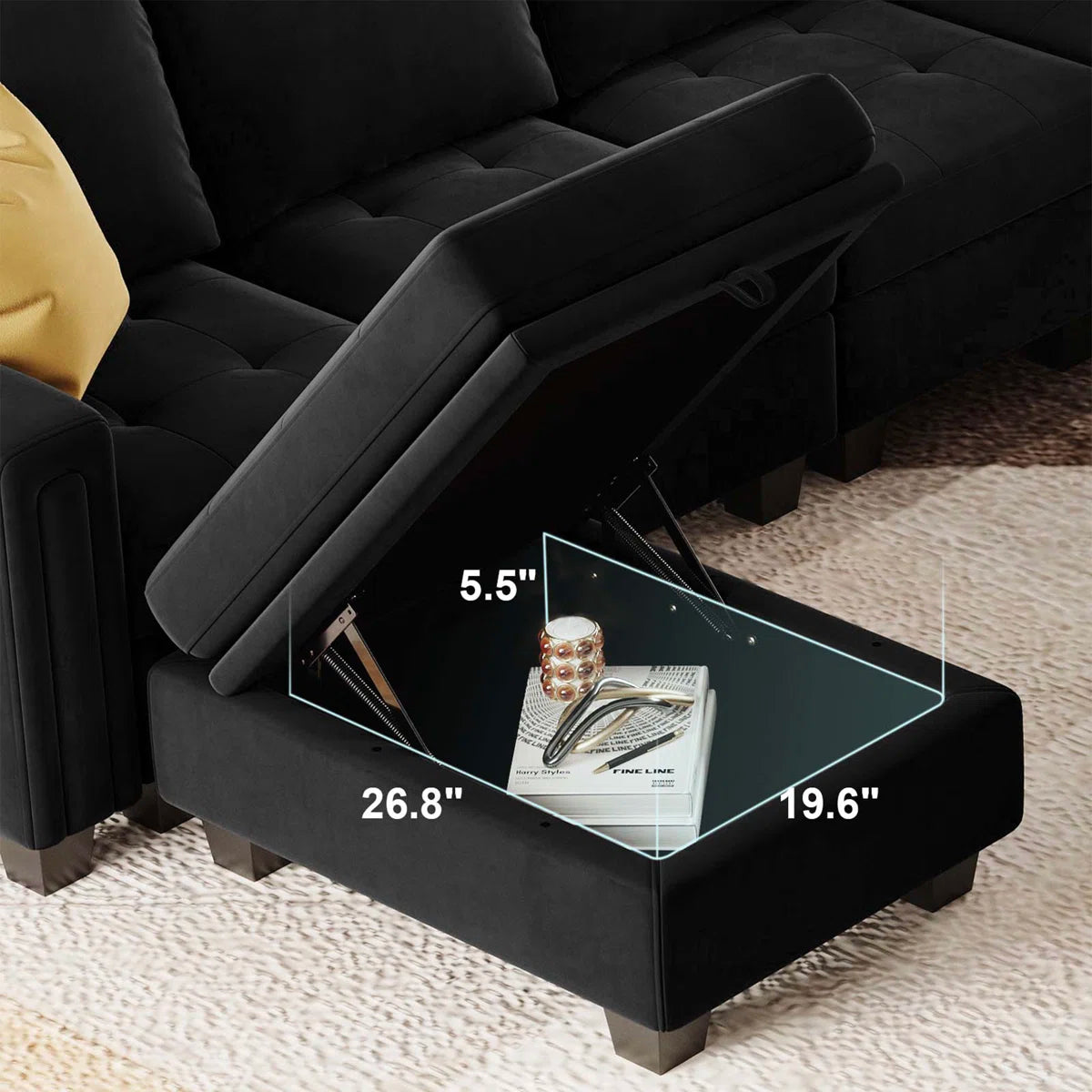 32" Black Velvet Tufted Storage Ottoman