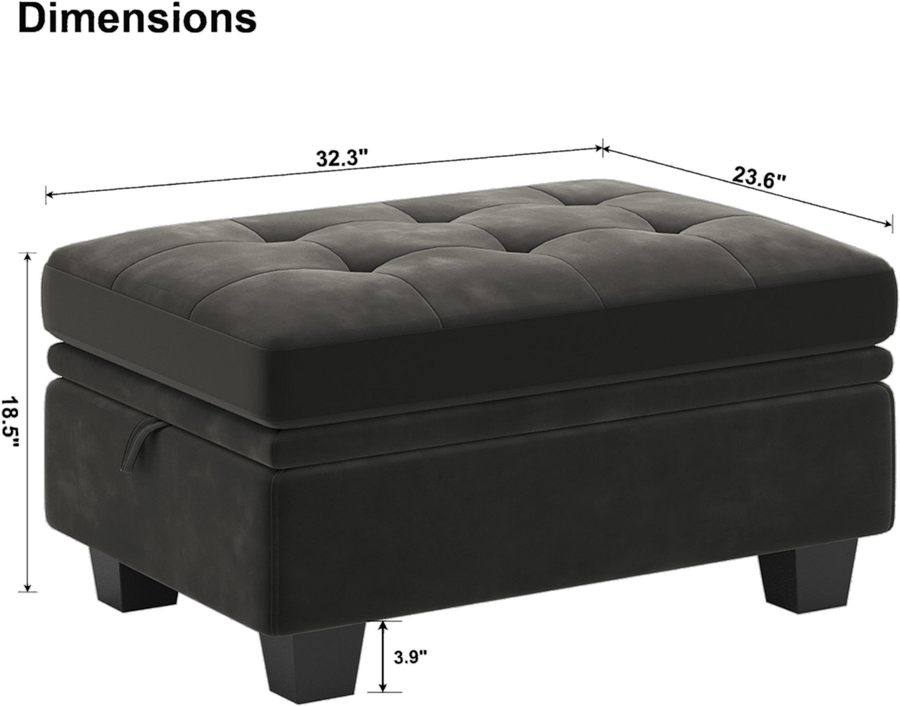 32" Gray and Black Velvet Tufted Storage Ottoman