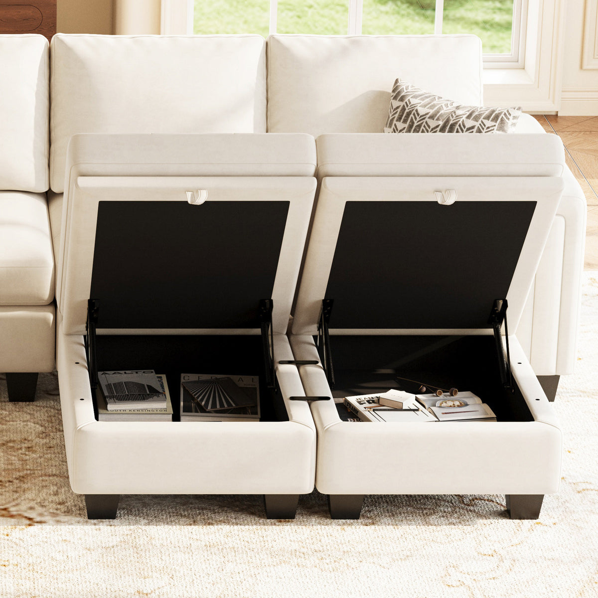 32" Beige and Black Velvet Tufted Storage Ottoman