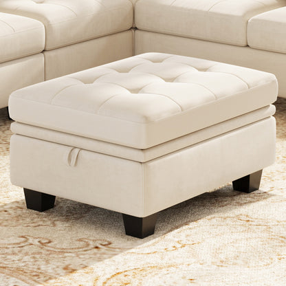 32" Beige and Black Velvet Tufted Storage Ottoman