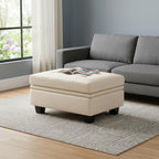 32" Beige and Black Velvet Tufted Storage Ottoman