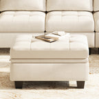 32" Beige and Black Velvet Tufted Storage Ottoman