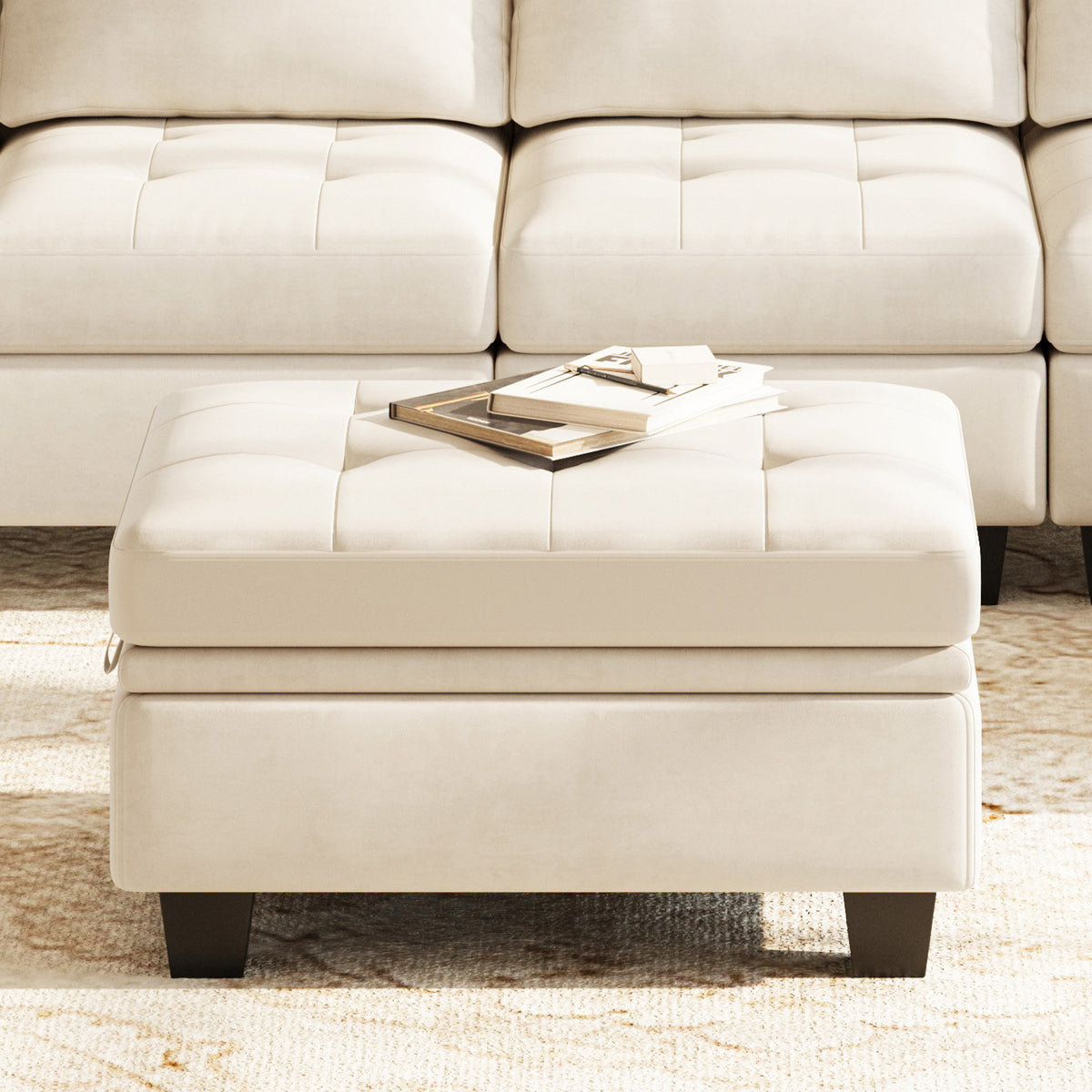 32" Beige and Black Velvet Tufted Storage Ottoman
