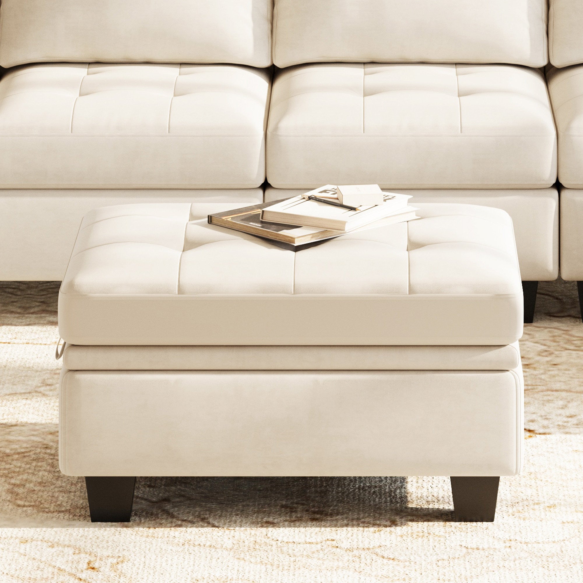 32" Beige and Black Velvet Tufted Storage Ottoman