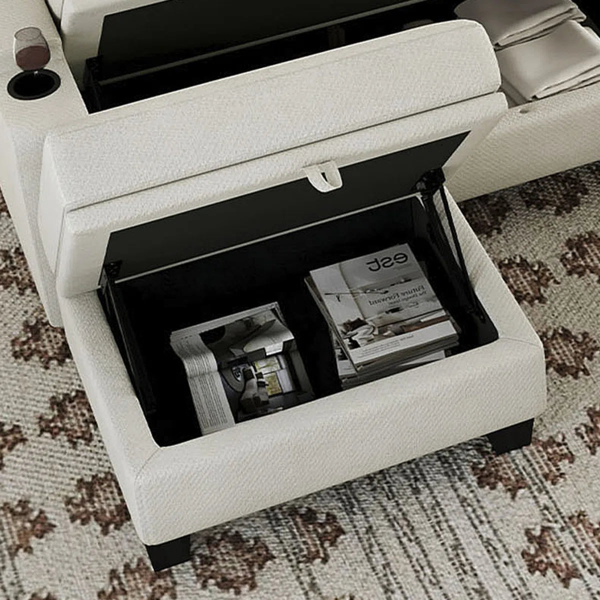 29" Beige and Black Chenille Storage Ottoman