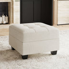 26" Beige and Black Chenille Tufted Footstool With Storage