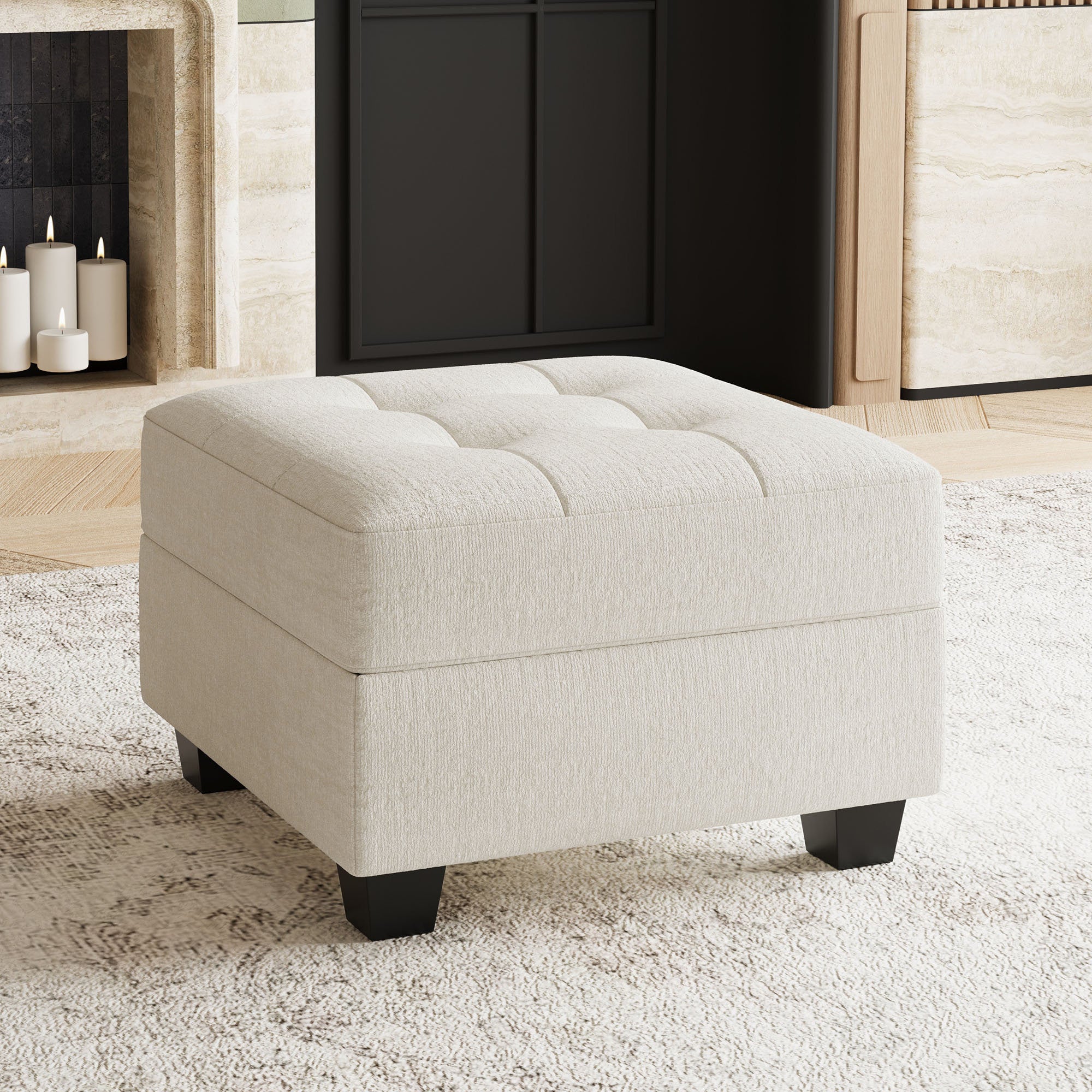 26" Beige and Black Chenille Tufted Footstool With Storage