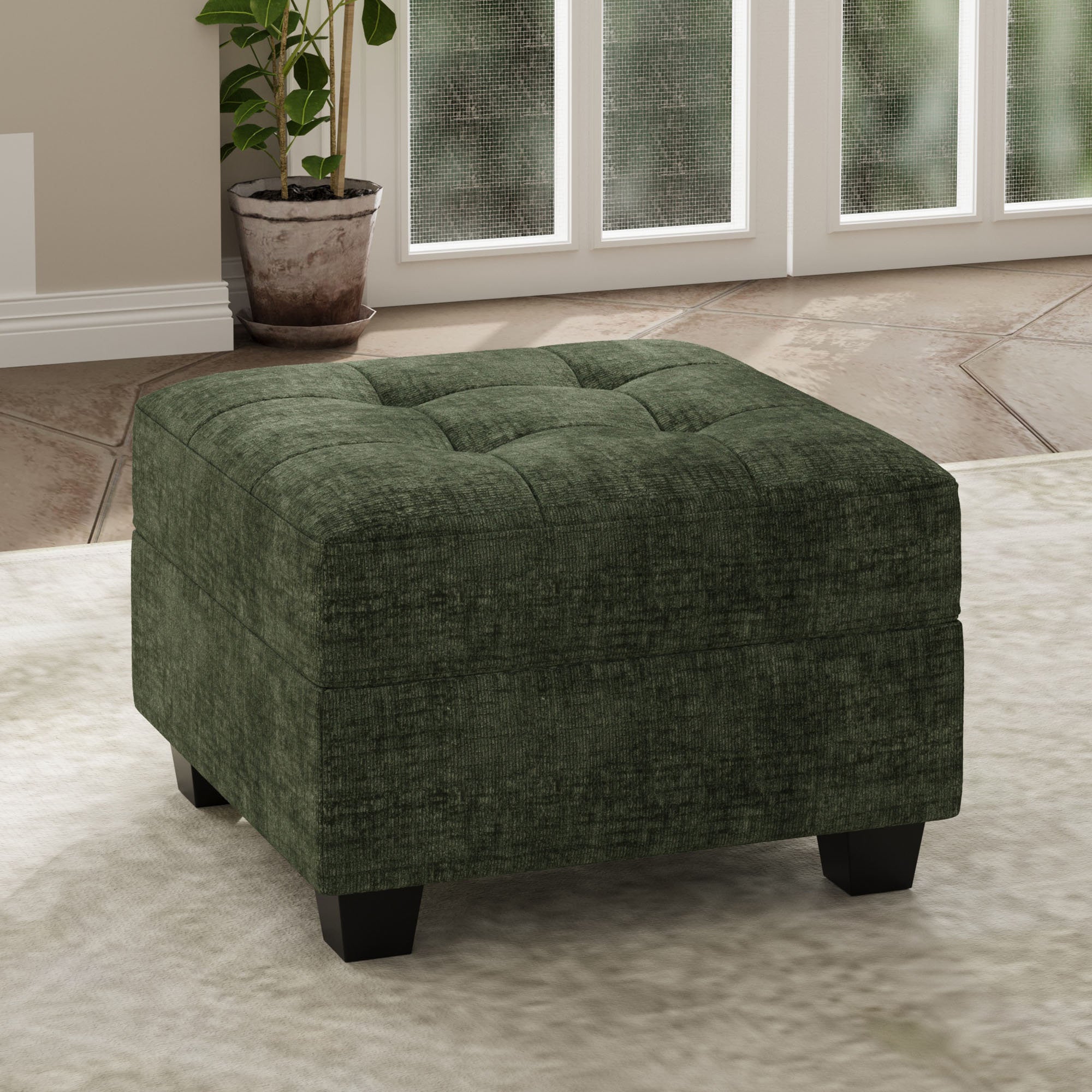 26" Green and Black Chenille Tufted Footstool With Storage