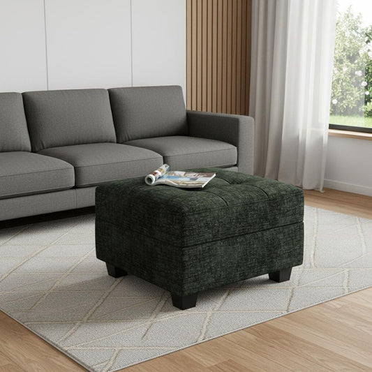 26" Green and Black Chenille Tufted Footstool With Storage